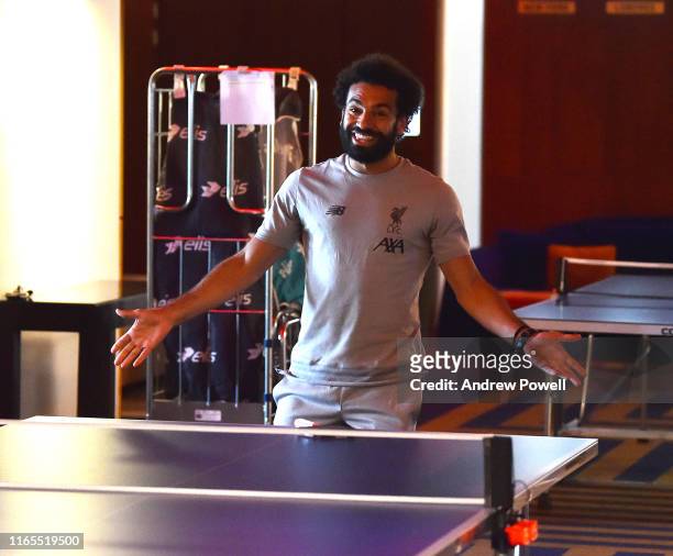 Mohamed Salah of Liverpool during a game of table tennis on August 01, 2019 in Evian-les-Bains, France.