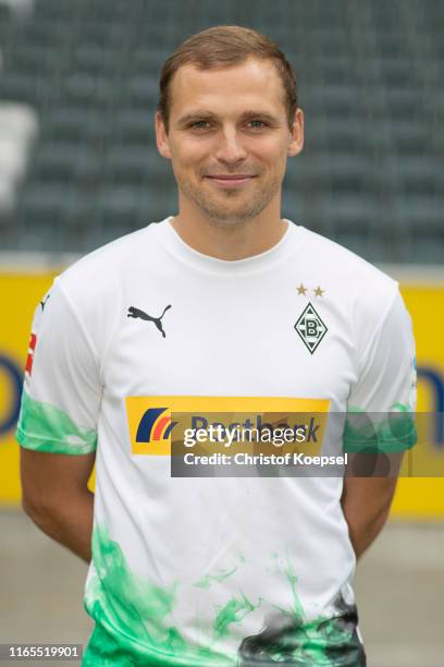 Tony Jantschke of Borussia Moenchengladbach poses during the team presentation at Borussia-Park on August 01, 2019 in Moenchengladbach, Germany.