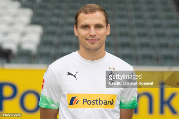 Tony Jantschke of Borussia Moenchengladbach poses during the team presentation at Borussia-Park on August 01, 2019 in Moenchengladbach, Germany.