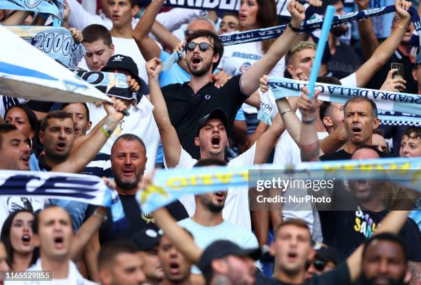 Lazio supporters during the Serie A match AS Roma v SS Lazio at the Olimpico Stadium in Rome, Italy on September 1, 2019