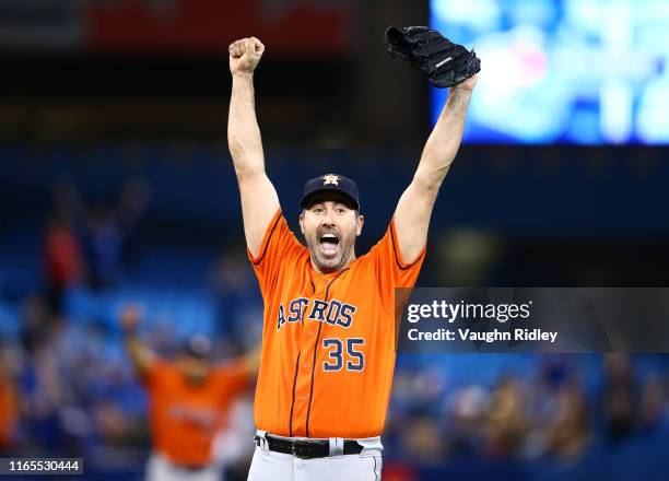 Justin Verlander of the Houston Astros reacts after throwing a no hitter at the end of the ninth inning during a MLB game against the Toronto Blue...
