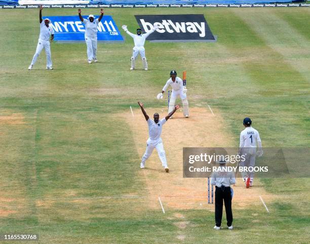 Kemar Roach of West Indies appeals for lbw against Mayank Agarwal of India during day 3 of the 2nd Test between West Indies and India at Sabina Park,...