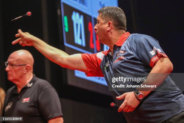 Mensur Suljovic of Austria during Austrian Darts Championship 2019 at Multiversum Schwechat on September 1, 2019 in Vienna, Austria.