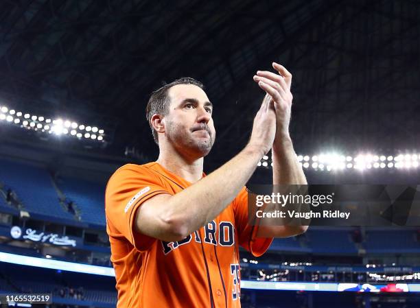 Justin Verlander of the Houston Astros celebrates after throwing a no hitter at the end of the ninth inning during a MLB game against the Toronto...