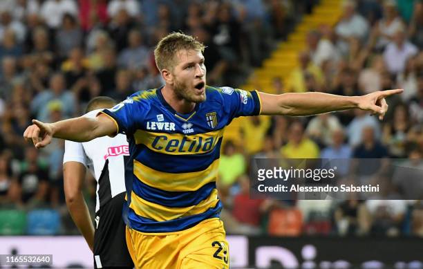 Riccardo Gagliolo of Parma Calcio celebrates after scoring his team second goal during the Serie A match between Udinese Calcio and Parma Calcio at...
