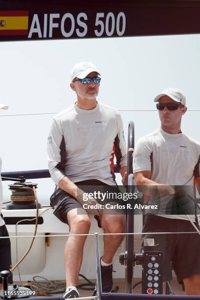 King Felipe VI of Spain compites on board of Aifos during the 38th Copa del Rey Mapfre Sailing Cup on August 01, 2019 in Palma de Mallorca, Spain.