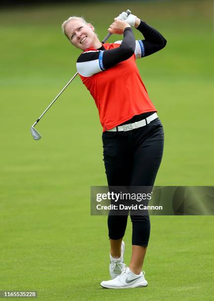 Nicole Broch Larsen of Denmark plays her second shot on the 18th hole during Day One of the AIG Women's British Open on the Marquess Course at Woburn...