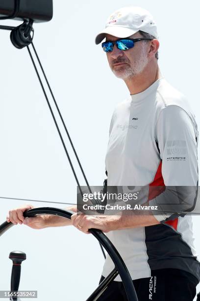 King Felipe VI of Spain compites on board of Aifos during the 38th Copa del Rey Mapfre Sailing Cup on August 01, 2019 in Palma de Mallorca, Spain.