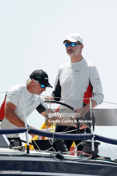 King Felipe VI of Spain compites on board of Aifos during the 38th Copa del Rey Mapfre Sailing Cup on August 01, 2019 in Palma de Mallorca, Spain.