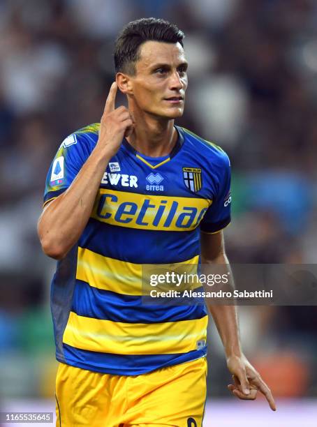 Roberto Inglese of Parma Calcio celebrates after scoring his team third goal during the Serie A match between Udinese Calcio and Parma Calcio at...