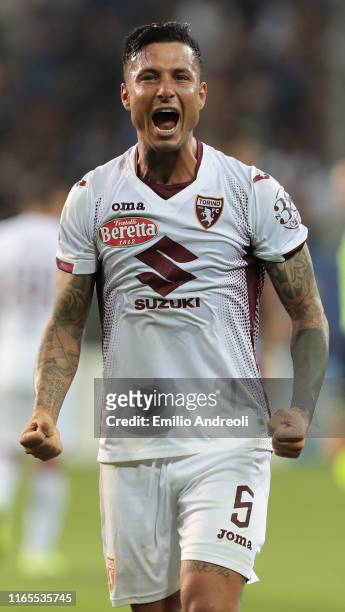 Armando Izzo of Torino FC celebrates the victory at the end of the Serie A match between Atalanta BC and Torino FC at Stadio Ennio Tardini on...