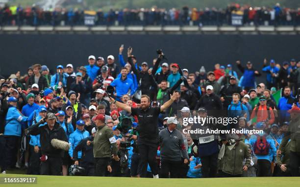 Shane Lowry of Ireland celebrates on the 18th hole during the final round of the 148th Open Championship held on the Dunluce Links at Royal Portrush...