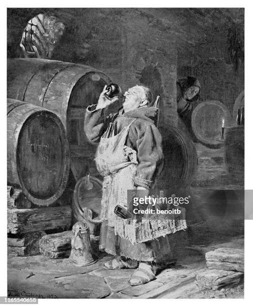 monk drinking wine in the cellar - wine cellar stock illustrations