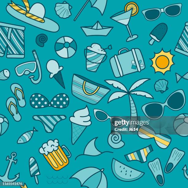 ilustraciones, imágenes clip art, dibujos animados e iconos de stock de patrón sin costuras en la playa - bolsa de playa