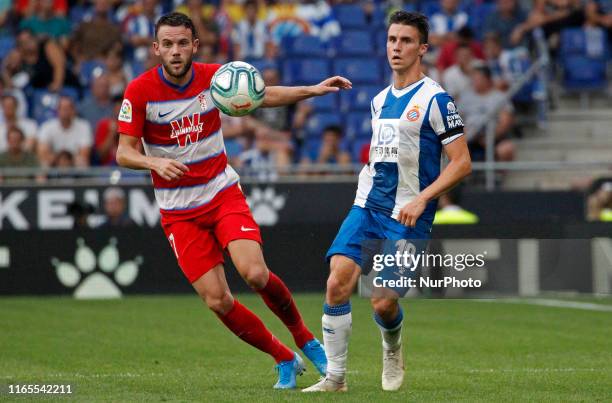 Sebastien Corchia and Quini during the match between RCD Espanyol and Granada CF, corresponding to the week 3 of the Liga Santander, played at the...