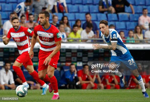 Fernando Calero and Roberto Soldado during the match between RCD Espanyol and Granada CF, corresponding to the week 3 of the Liga Santander, played...