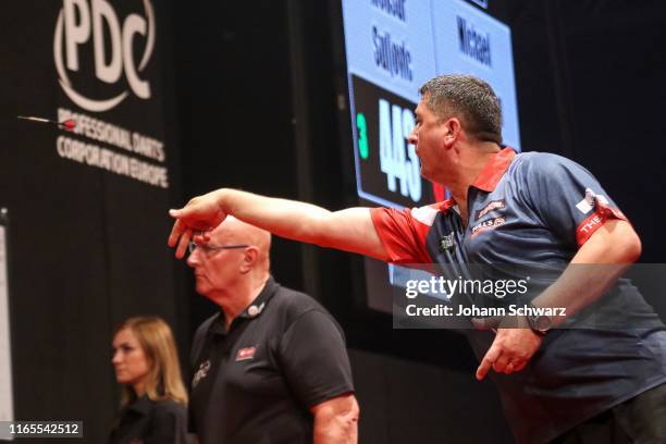 Mensur Suljovic of Austria during Austrian Darts Championship 2019 at Multiversum Schwechat on September 1, 2019 in Vienna, Austria.