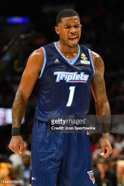 Triplets guard Joe Johnson celebrates during the BIG3 championship game between the Triplets and the Killer 3's on September 1, 2019 at the Staples...