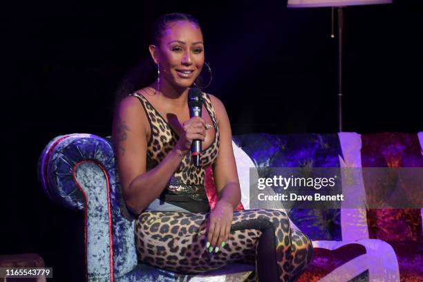 Mel B speaks on stage during "A Brutally Honest Evening With Mel B" in support of Women's Aid at The Savoy Theatre on September 1, 2019 in London,...