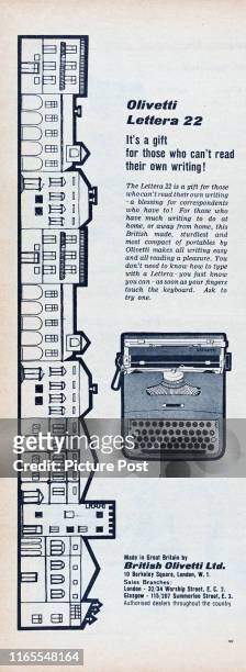 Advertisement for the Olivetti Lettera 22 typewriter with the caption 'It's a gift for those who can't read their own writing!'. Original...