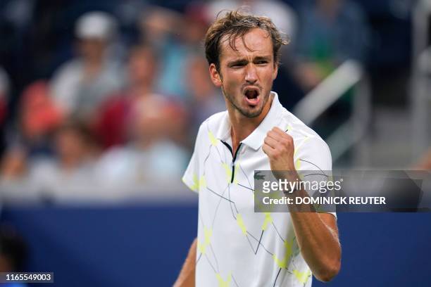 Daniil Medvedev of Russia reacts to his point against Dominik Koepfer of Germany in their Round Four Men's Singles tennis match during the 2019 US...