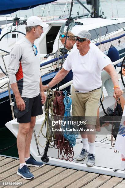 King Felipe VI of Spain and King Harald V of Norway attend the 38th Copa del Rey Mapfre Sailing Cup on August 01, 2019 in Palma de Mallorca, Spain.