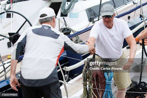 King Felipe VI of Spain and King Harald V of Norway attend the 38th Copa del Rey Mapfre Sailing Cup on August 01, 2019 in Palma de Mallorca, Spain.