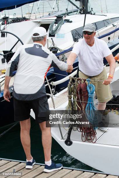 King Felipe VI of Spain and King Harald V of Norway attend the 38th Copa del Rey Mapfre Sailing Cup on August 01, 2019 in Palma de Mallorca, Spain.