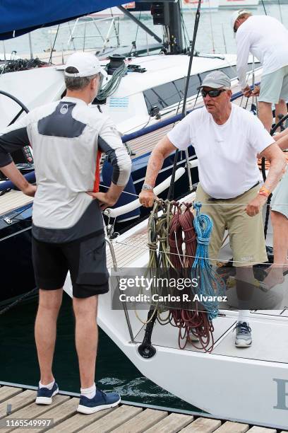 King Felipe VI of Spain and King Harald V of Norway attend the 38th Copa del Rey Mapfre Sailing Cup on August 01, 2019 in Palma de Mallorca, Spain.