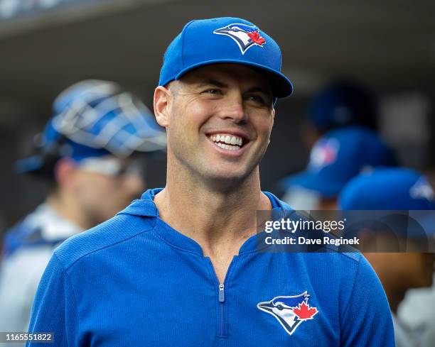 Clayton Richard of the Toronto Blue Jays walks around in the dugout before the start of a MLB game against the Detroit Tigers at Comerica Park on...