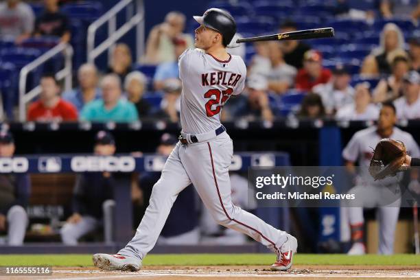 Max Kepler of the Minnesota Twins hits a solo home run against the Miami Marlins during the first inning at Marlins Park on August 01, 2019 in Miami,...