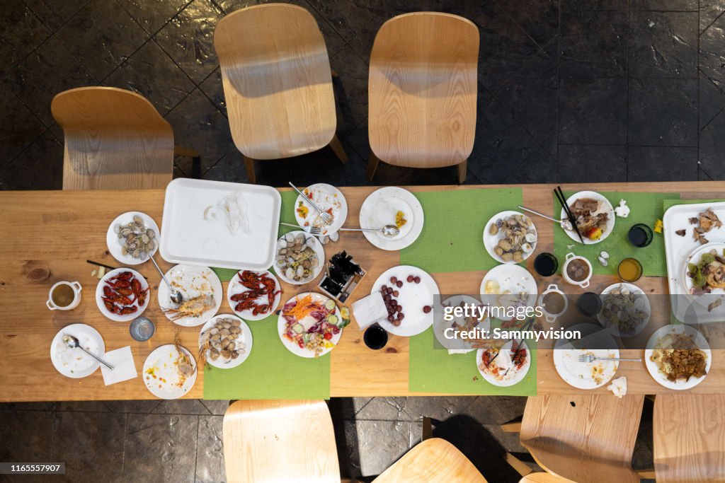 Abandoned buffet dinner table after eating