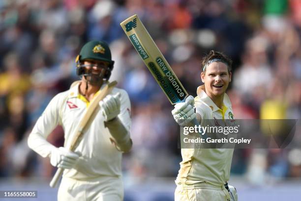 Steven Smith of Australia celebrates reaching his century during day one of the 1st Specsavers Ashes Test between England and Australia at Edgbaston...