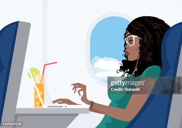 ilustraciones, imágenes clip art, dibujos animados e iconos de stock de joven viaje en avión - mujer negra