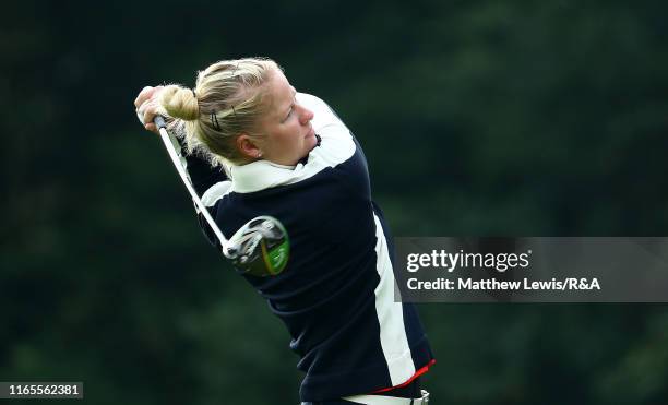 Nicole Broch Larsen of Denmark tees off on the 4th hole during Day One of the AIG Women's British Open at Woburn Golf Club on August 01, 2019 in...