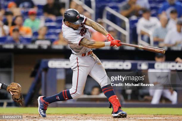 Byron Buxton of the Minnesota Twins hits a 2-RBI double in the fourth inning against the Miami Marlins at Marlins Park on August 01, 2019 in Miami,...