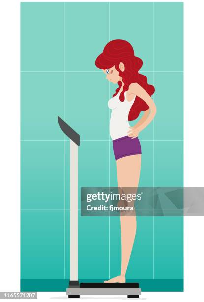 girl controlling her weight and diet - bathroom scale stock illustrations