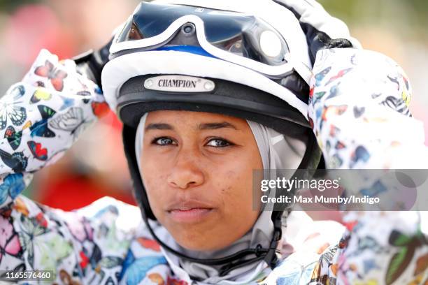 Khadijah Mellah in the parade ring before taking part in the 'Magnolia Cup' charity ladies race on 'Ladies Day' of the Qatar Goodwood Festival 2019...