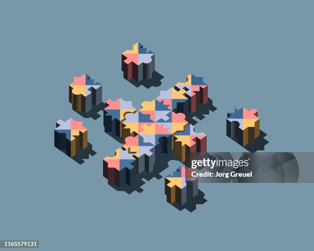 multicolored puzzle pieces - 3d puzzle stock-fotos und bilder