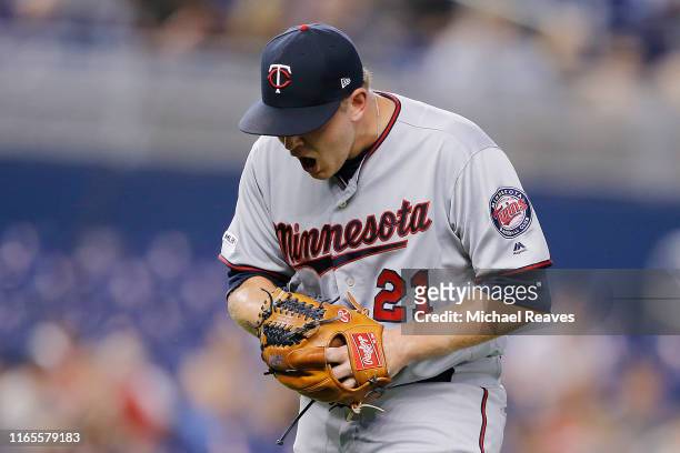 Tyler Duffey of the Minnesota Twins reacts in the seventh inning against the Miami Marlins at Marlins Park on August 01, 2019 in Miami, Florida.