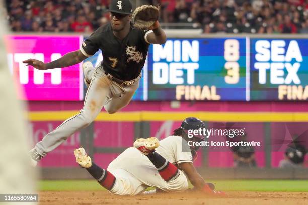 Atlanta Braves All Star outfielder Ronald Acuna Jr. Slides safely into second base during the MLB game between the Atlanta Braves and the Chicago...