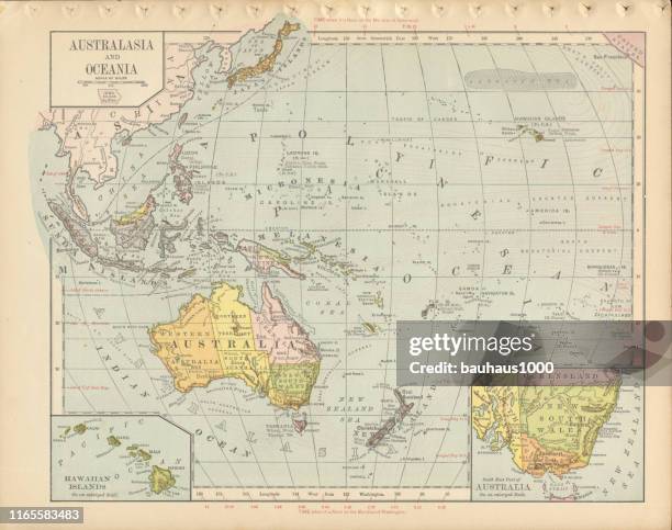 stockillustraties, clipart, cartoons en iconen met australië antiek victoriaanse gegraveerd gekleurde kaart, 1899 - pacific ocean