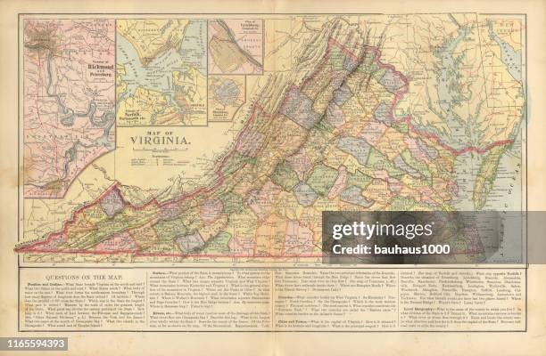 state of virginia antique victorian engraved colored map, 1899 - lynchburg virginia stock illustrations