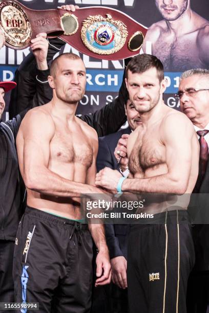Bill Tompkins/Getty Images Sergey Kovalev and Igor Mikhalkin pose during weighin on March 2, 2018 at Madison Square Garden in New York City.