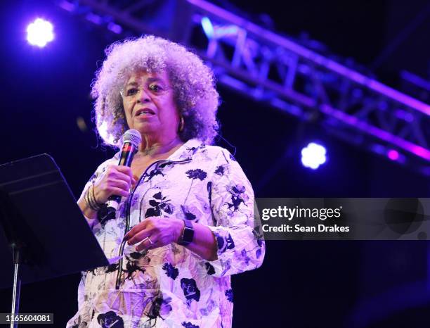 American political activist, academic and author Angela Davis reads a statement during NPR Music's Turning the Tables Live: The Motherlode as part of...