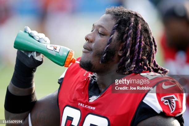 Jamon Brown of the Atlanta Falcons cools off before a preseason game against the Denver Broncos at Tom Benson Hall Of Fame Stadium on August 1, 2019...