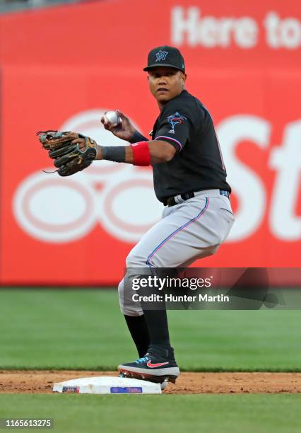 Starlin Castro of the Miami Marlins during a game against the Philadelphia Phillies at Citizens Bank Park on April 27, 2019 in Philadelphia,...