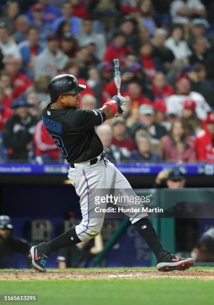 Starlin Castro of the Miami Marlins during a game against the Philadelphia Phillies at Citizens Bank Park on April 27, 2019 in Philadelphia,...