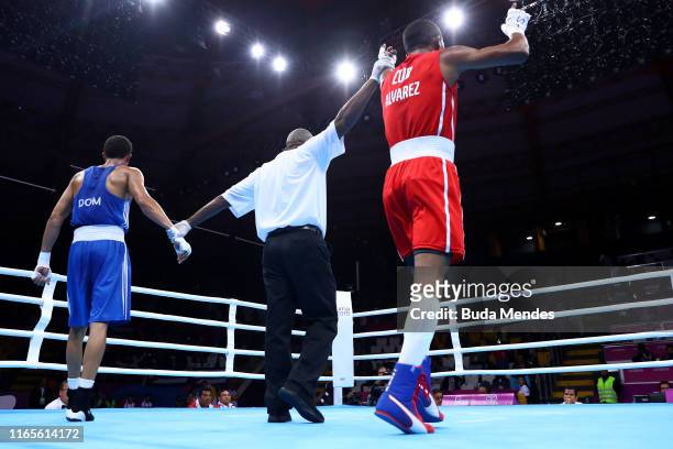 Referee raises the arm of winner Lazaro Jorge Alvarez Estrada of Cuba during men´s Boxing Light Final Bout on Day 6 of Lima 2019 Pan American Games...