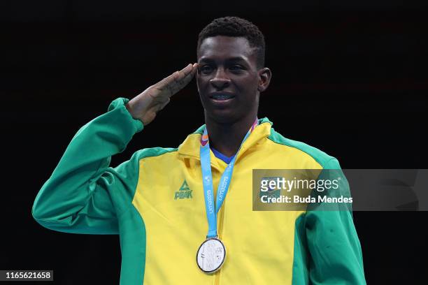 Silver medalist Keno Marley Machado of Brazil in the podium of men´s Boxing Light Heavy on Day 6 of Lima 2019 Pan American Games at Coliseo Miguel...